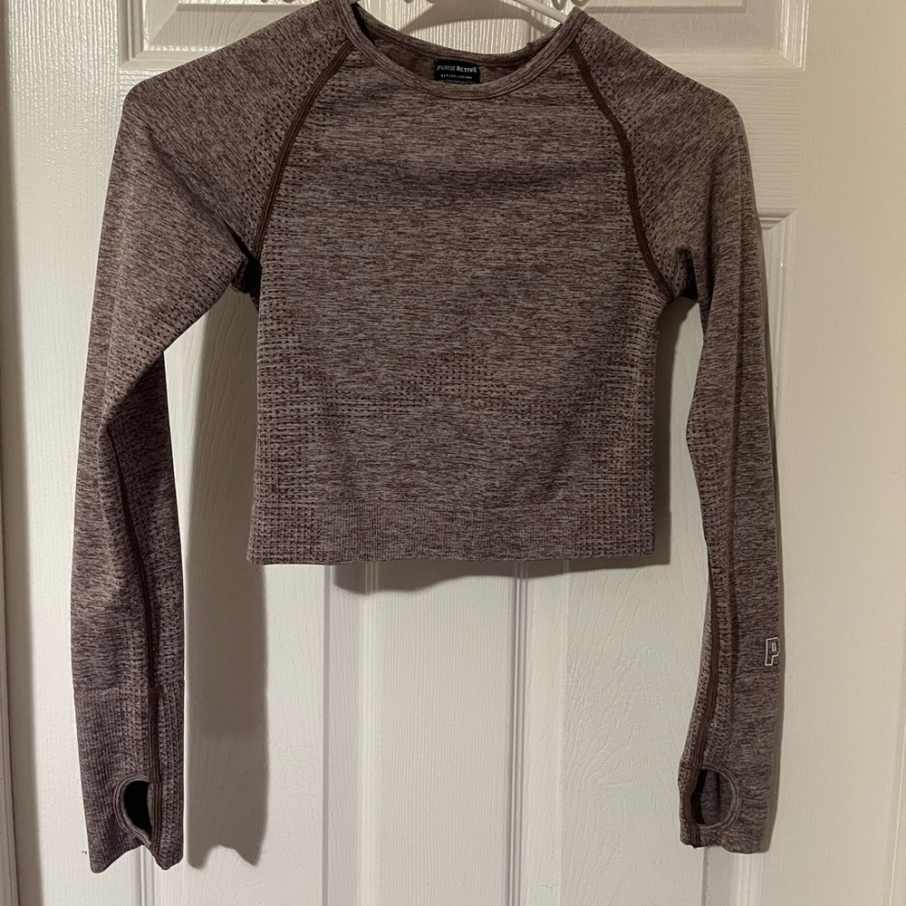 Pink Active Cropped Long Sleeves Thumb Holes Top Small Peppercorn Brown